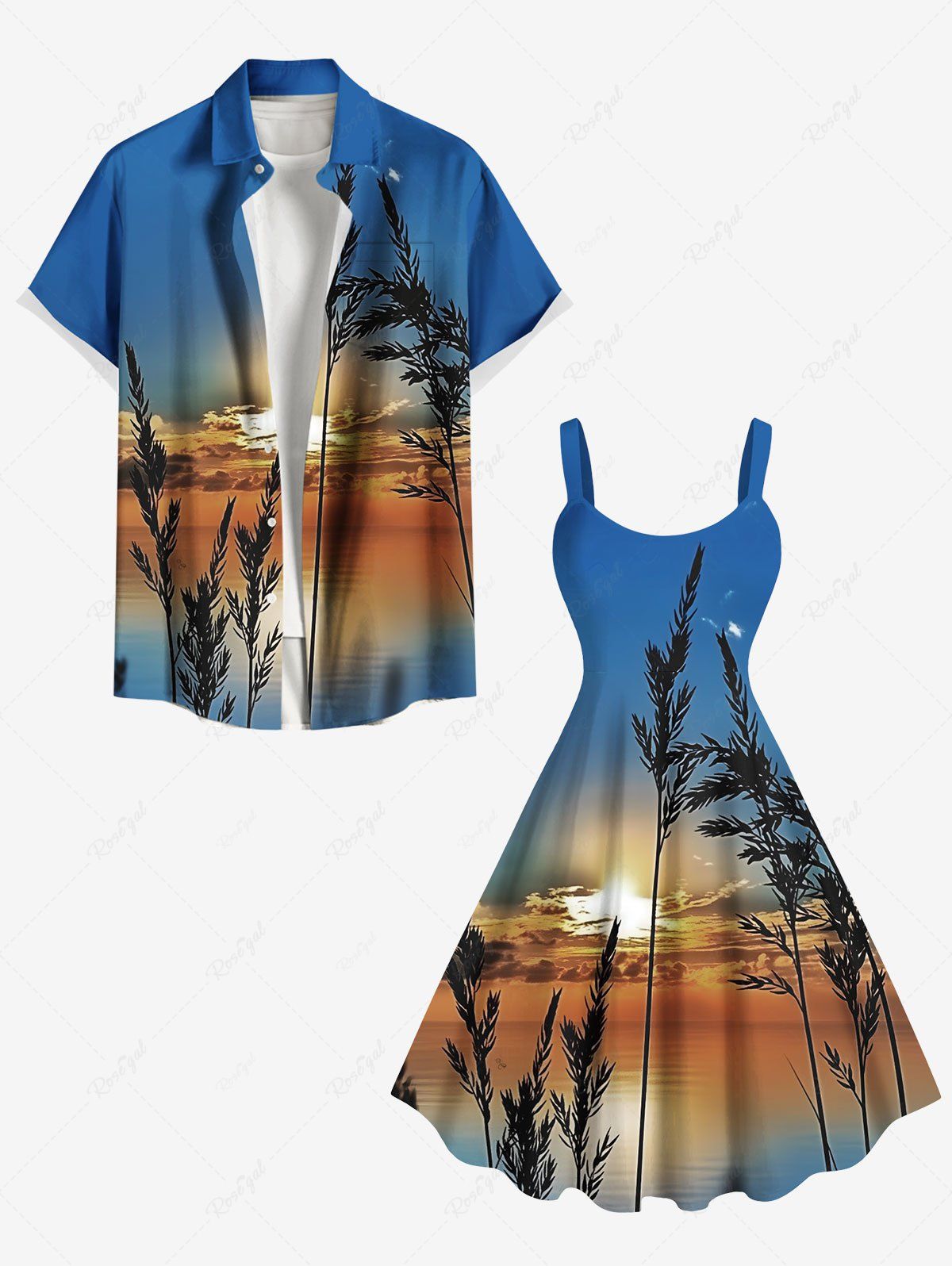Tenue de plage hawaïenne assortie grande taille, motif coucher de soleil et crépuscule, motif plantes et mer, pour couples Bleu 