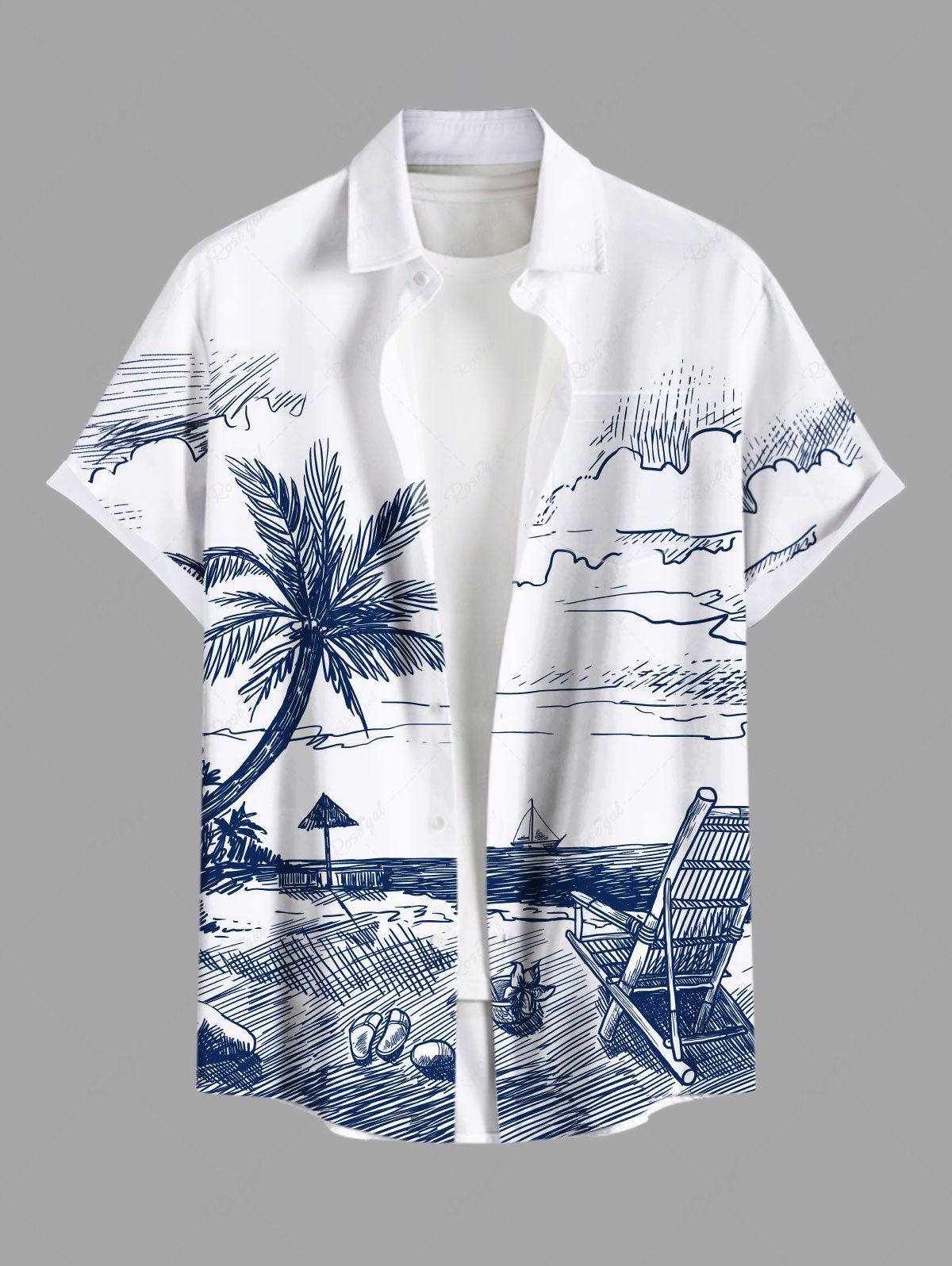 Online Plus Size Hand-painted Coconut Tree Sea Beach Seascape Cloud Print Hawaii Shirt For Men  