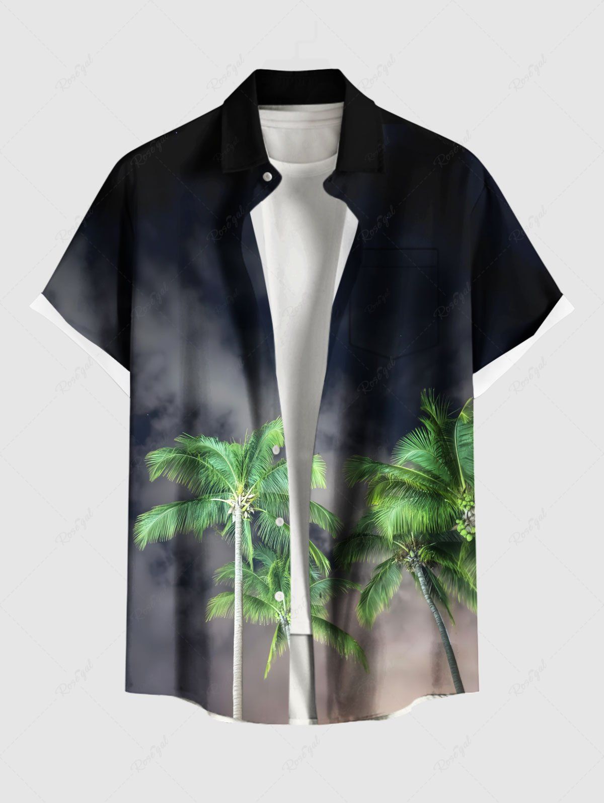 Chemise hawaïenne grande taille à imprimé cocotiers et poches boutonnées pour homme Noir 4XL