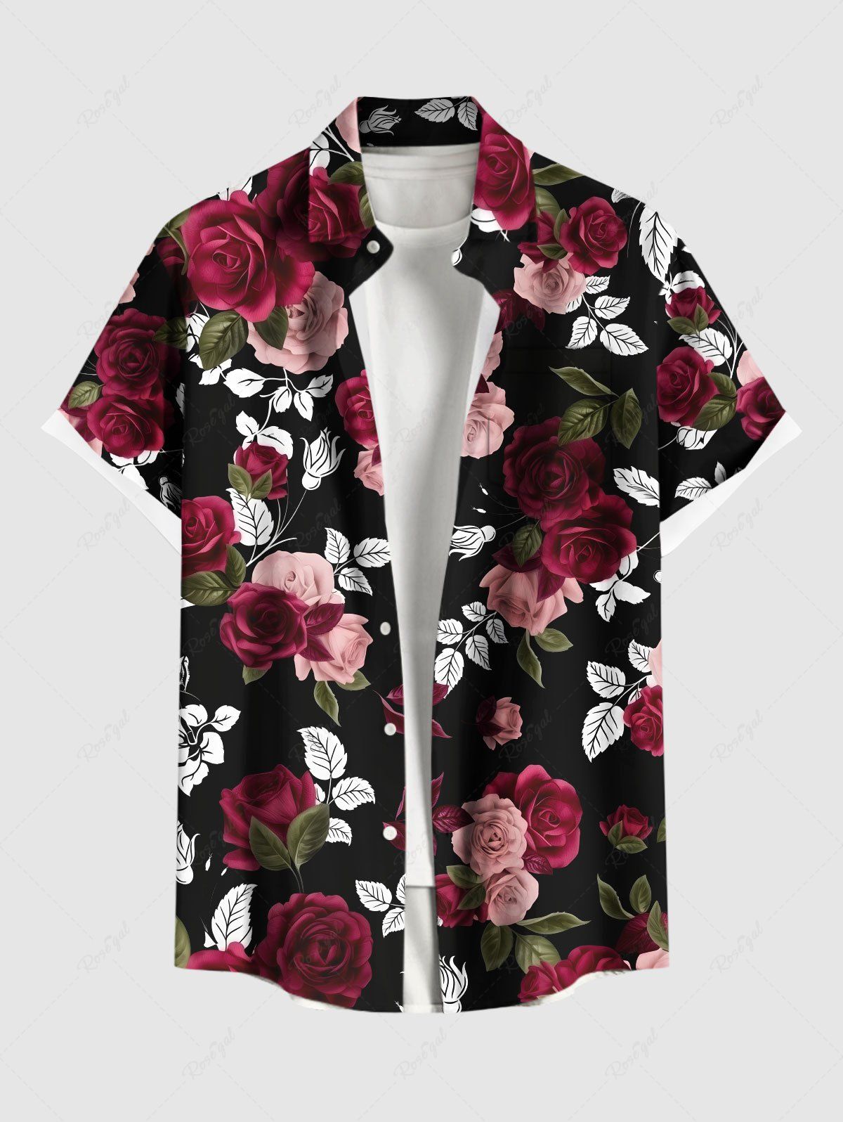 Chemise hawaïenne grande taille à imprimé feuilles et fleurs roses pour homme Noir 5XL