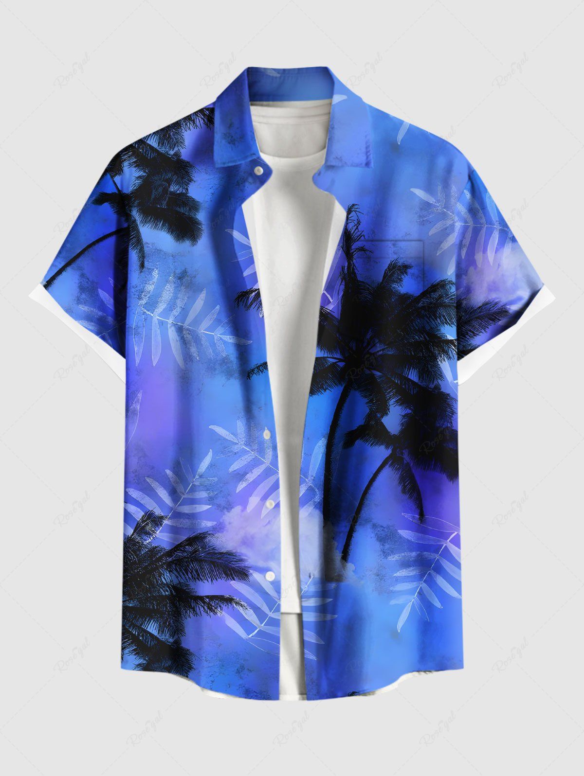 Chemise hawaïenne grande taille à imprimé feuilles tropicales et cocotiers, tie-dye et ombré, avec poches boutonnées, pour homme Bleu Ciel 2XL