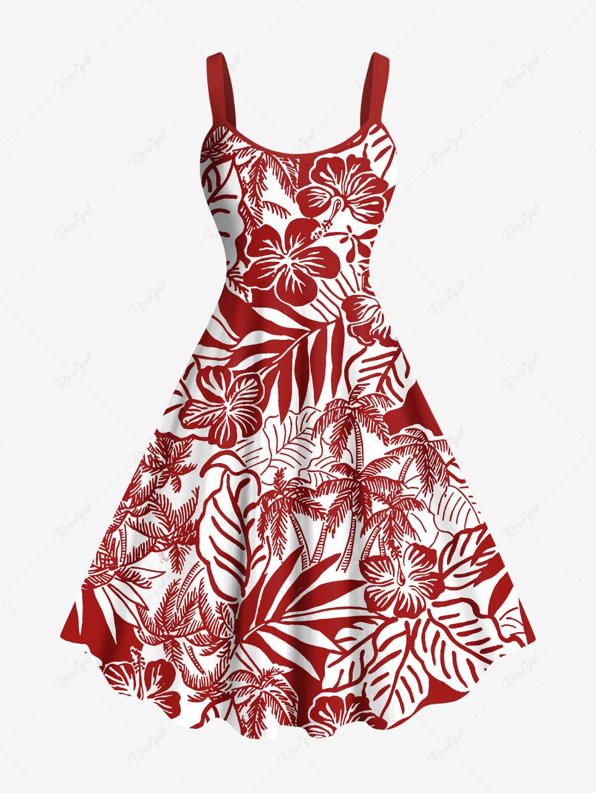 Affordable Plus Size Coconut Tree Tropical Leaf Hibiscus Flower Print Hawaii A Line Tank Dress  