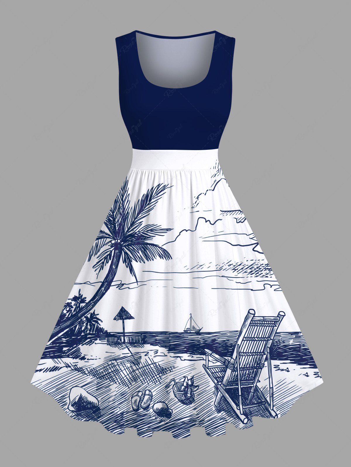 Robe trapèze vintage hawaïenne grande taille, motif cocotier peint à la main, paysage marin, plage, nuages, imprimé Bleu profond XXS