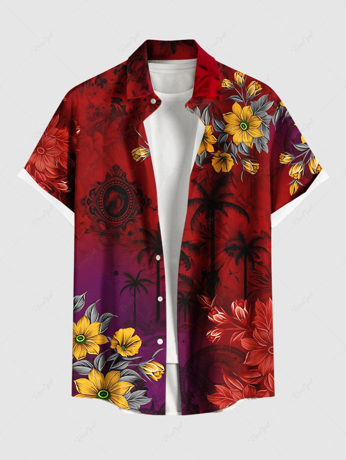 Chemise hawaïenne à imprimé floral cocotier ombré grande taille pour homme Rouge 6XL