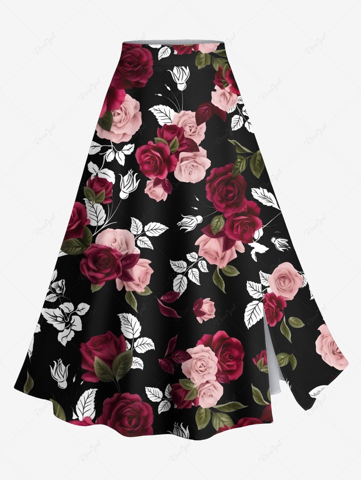 Discount Plus Size Rose Flower Leaves Print Hawaii Split A Line Skirt  