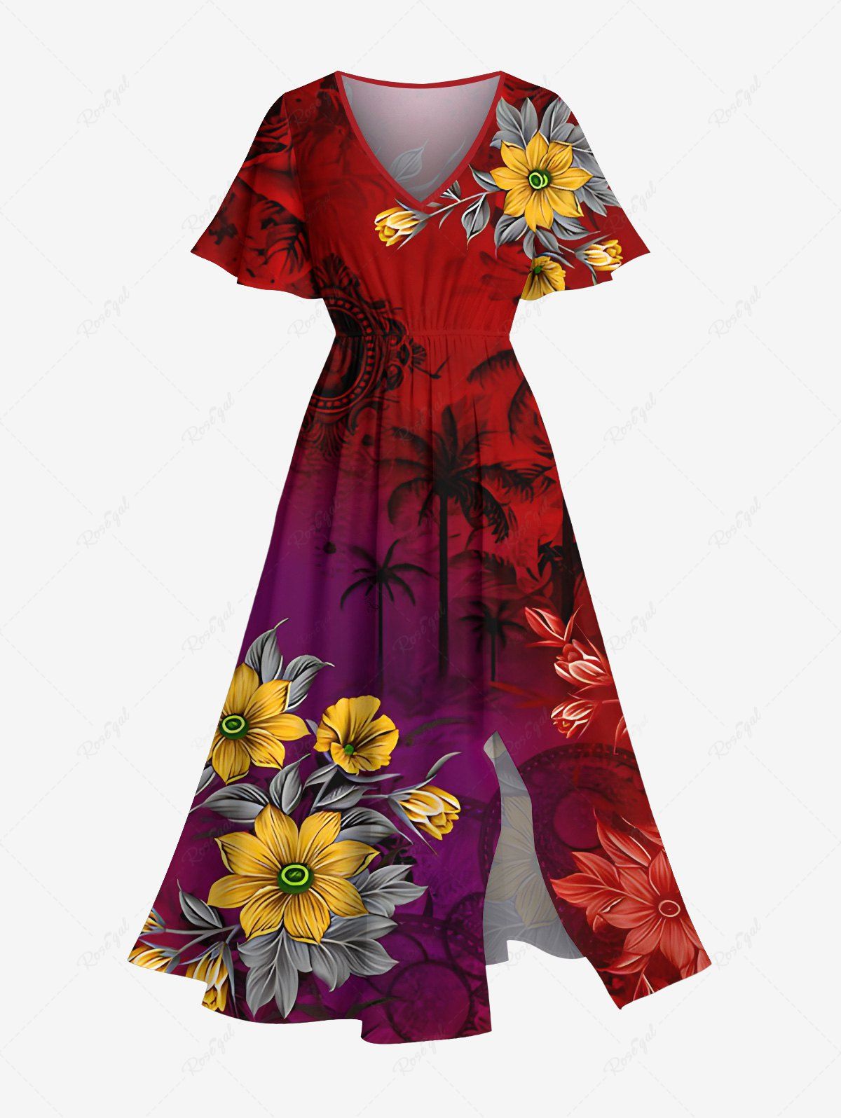 Sale Plus Size Ombre Coconut Tree Flower Print Hawaii Split Pocket A Line Midi Dress  