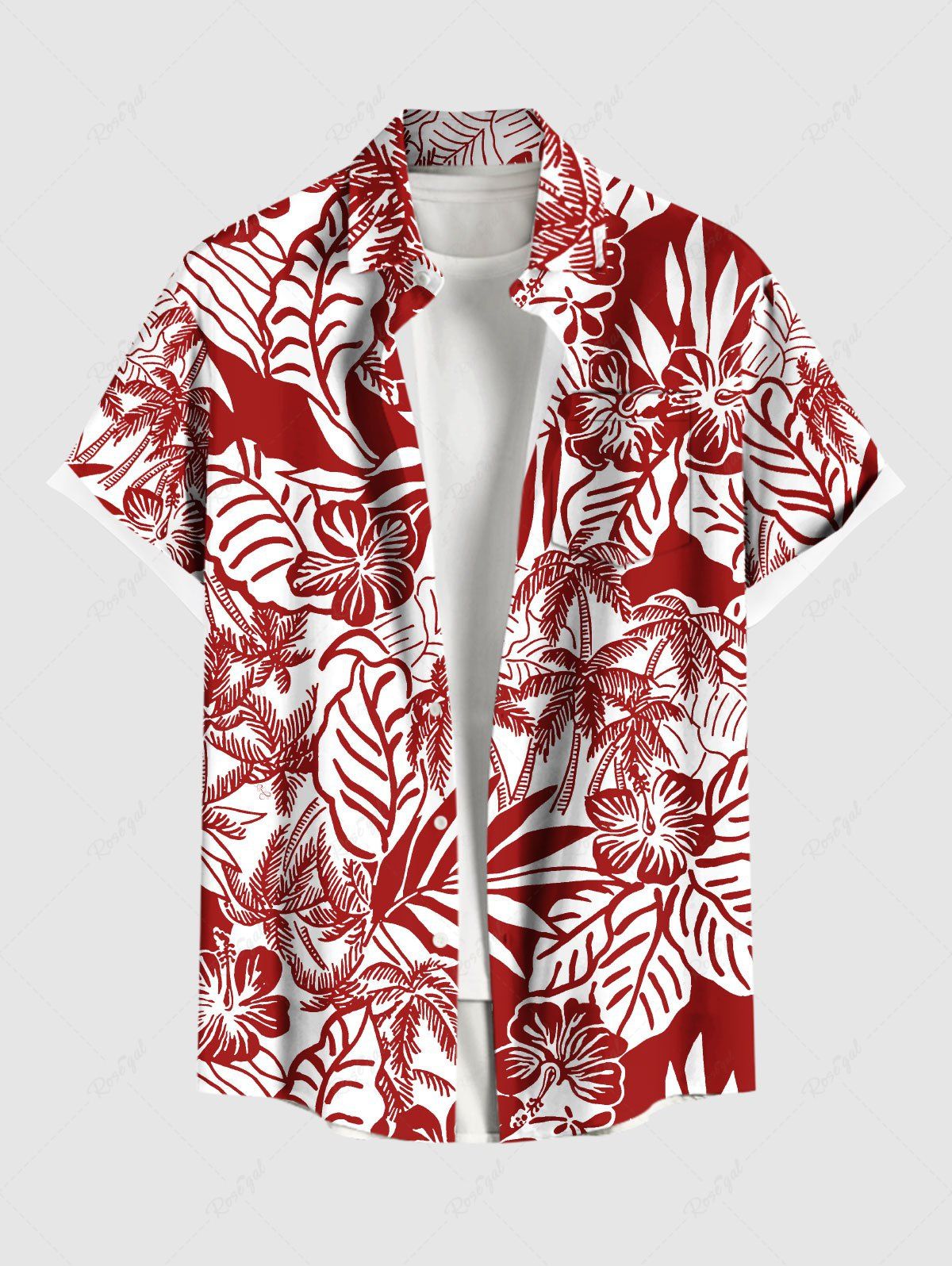 Buy Plus Size Coconut Tree Tropical Leaf Hibiscus Flower Print Hawaii Button Pocket Shirt For Men  