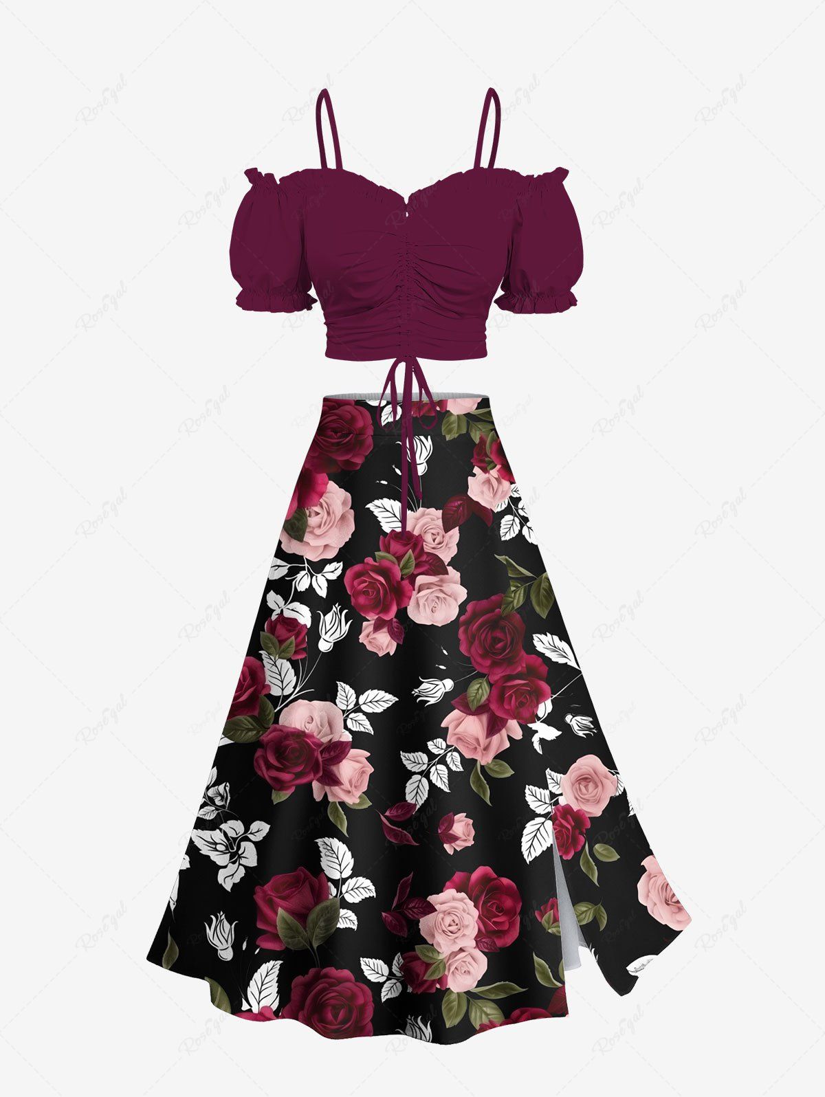 Unique Puff Sleeves Cinched Solid Top and Rose Flower Leaf Printed Hawaii Split A Line Skirt Plus Size Matching Set  