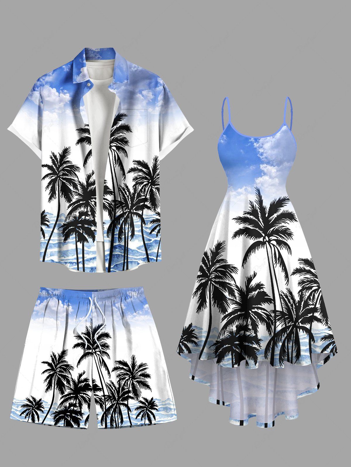 Online Coconut Tree Sea Waves Cloud Print Plus Size Matching Hawaii Beach Outfit For Couples  
