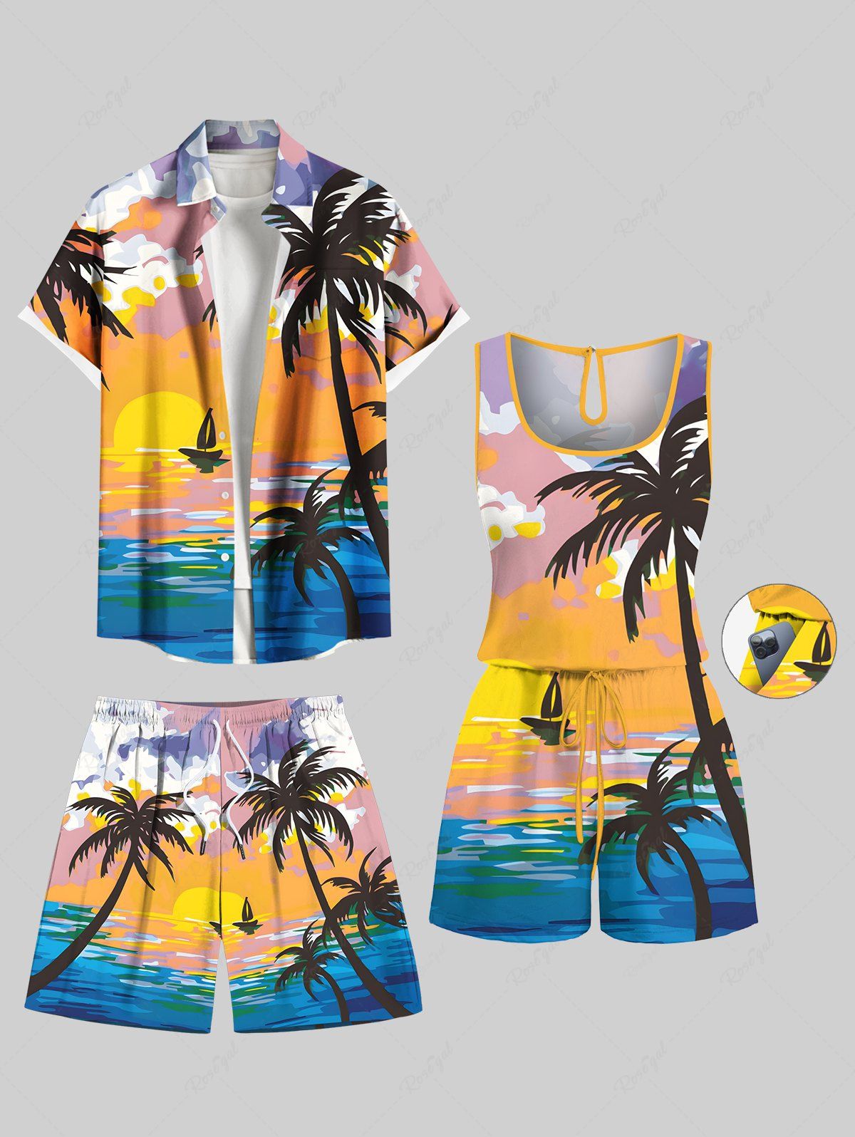 Ensemble chemise et barboteuse hawaïennes assorties, grande taille, imprimé cocotier, soleil, nuage, paysage marin, pour couples Jaune 