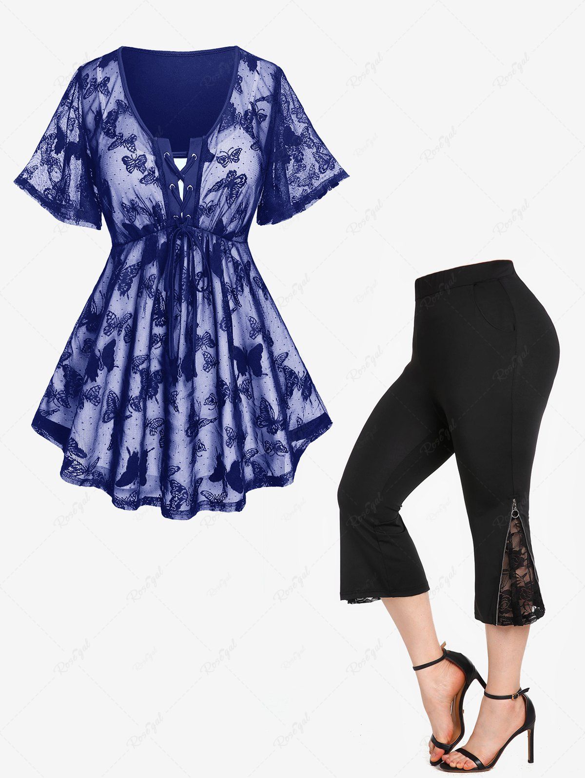 Online Butterfly Overlay Lace-up Twofer Tee and Lace Panel Pull On Pants Plus Size Outfit  