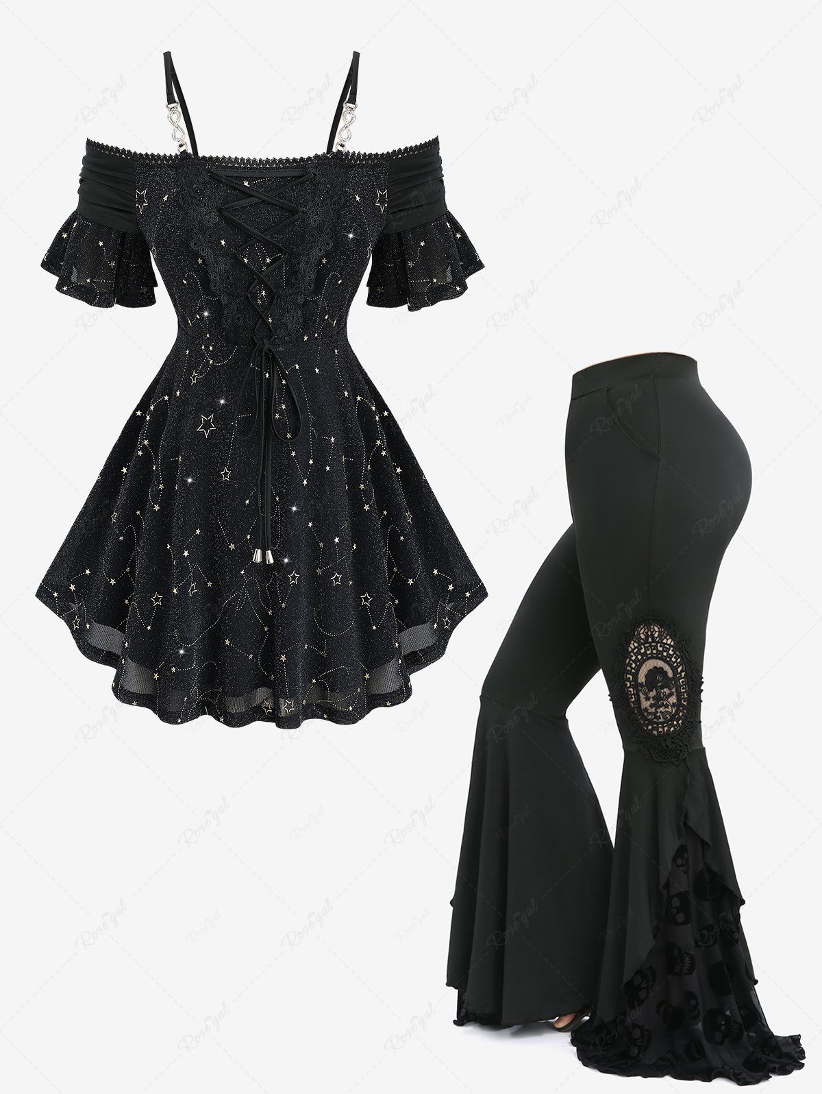 Unique Star Stamping Lace-up Cold Shoulder Top and Skulls Mesh Flocking Appliques Flare Pants Plus Size Outfit  