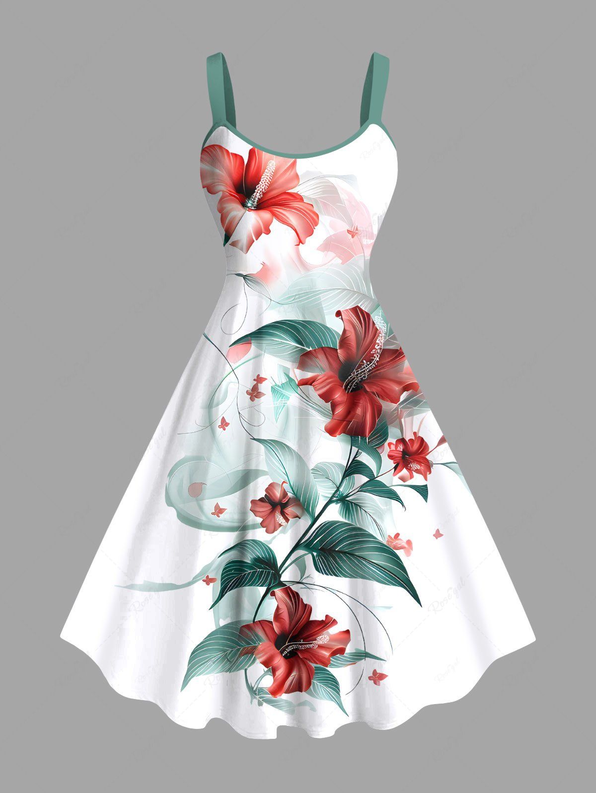 Trendy Plus Size Hibiscus Flower Leaf Print Hawaii Tank Dress  