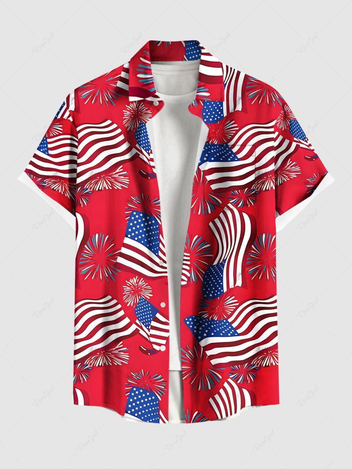Chemise grande taille à boutons et poches pour homme, imprimé drapeau américain patriotique et feux d'artifice Rouge 3XL