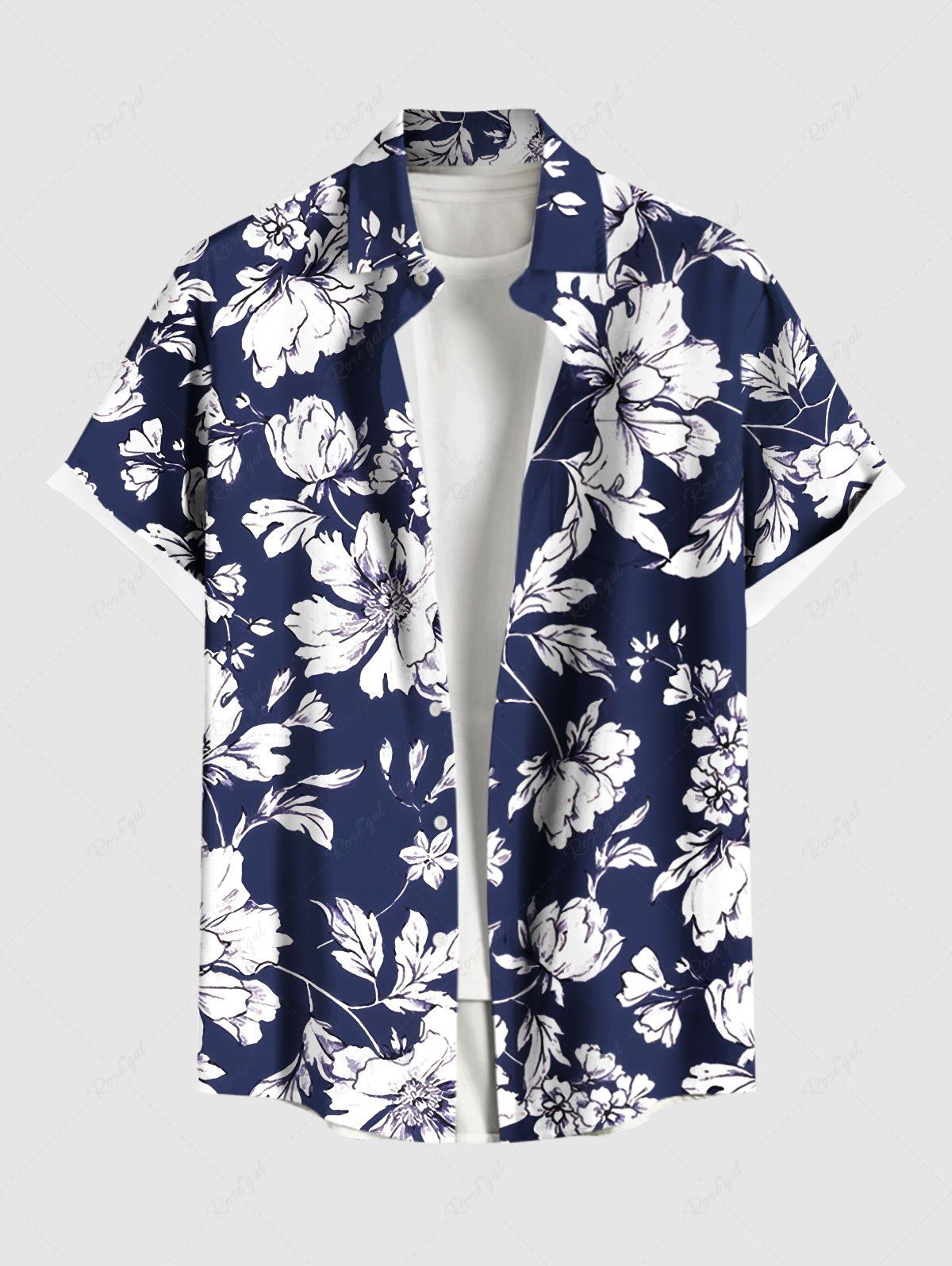 Chemise hawaïenne grande taille à imprimé tropical, fleurs et feuilles, avec poches et boutons, pour homme Bleu profond 5XL