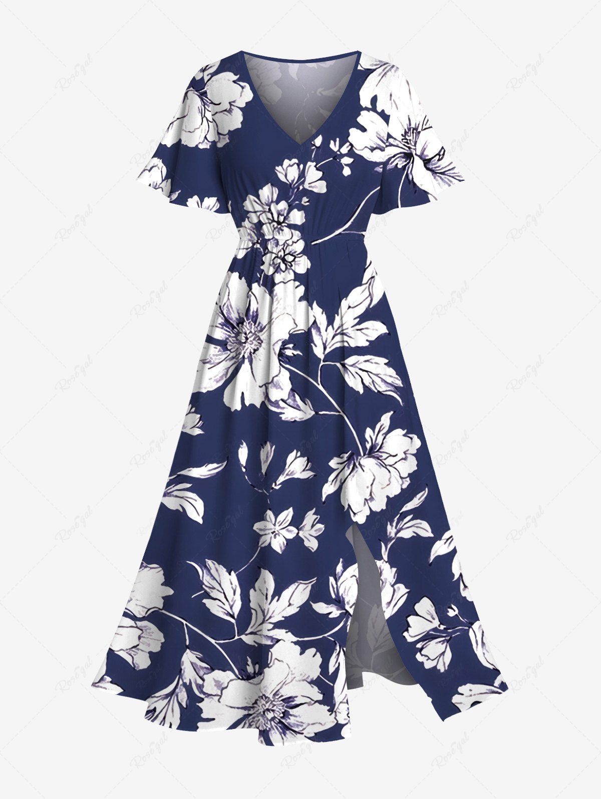 New Plus Size Flowers Leaf Tropical Print Split Hawaii Midi Dress  