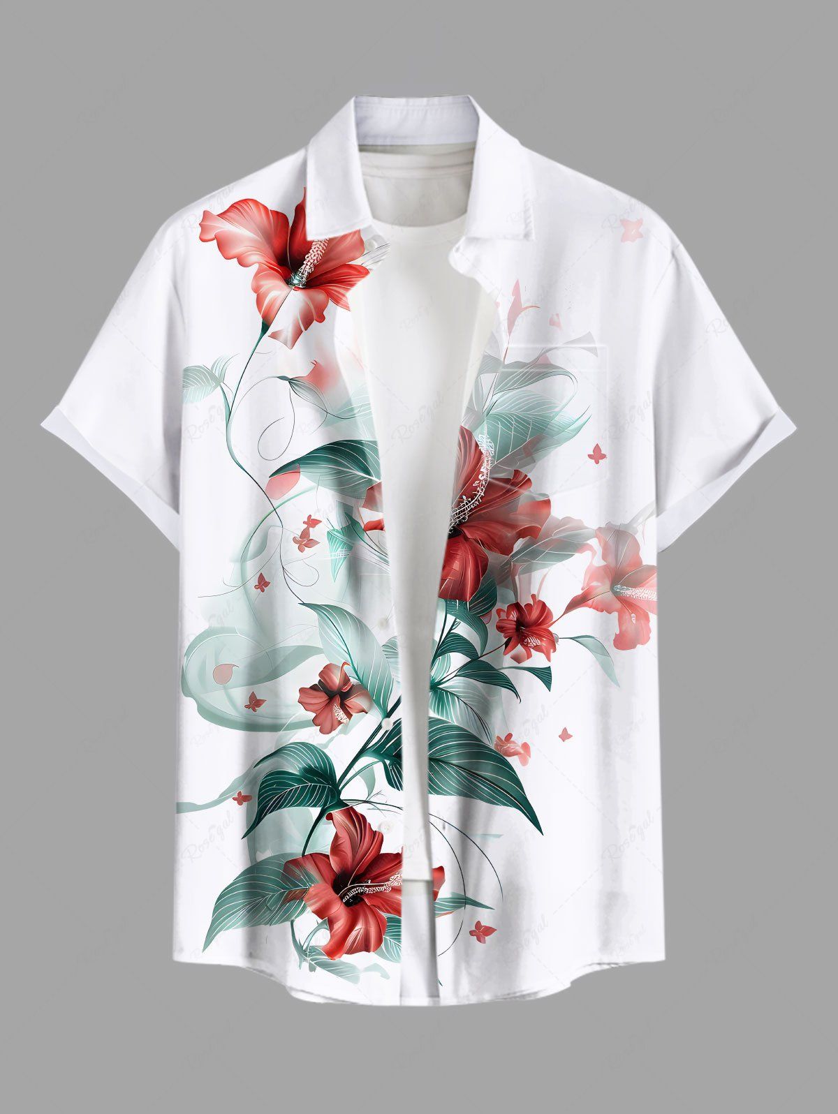 Chemise hawaïenne grande taille à imprimé feuilles d'hibiscus et boutons avec poches pour homme Blanc 4XL