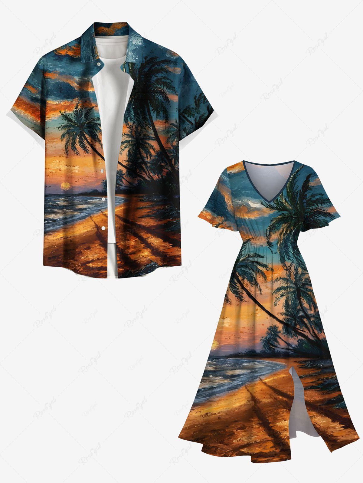 Peinture à l'huile représentant un paysage marin avec des nuages et des cocotiers, grande taille, tenue de plage hawaïenne assortie pour les couples Vert 