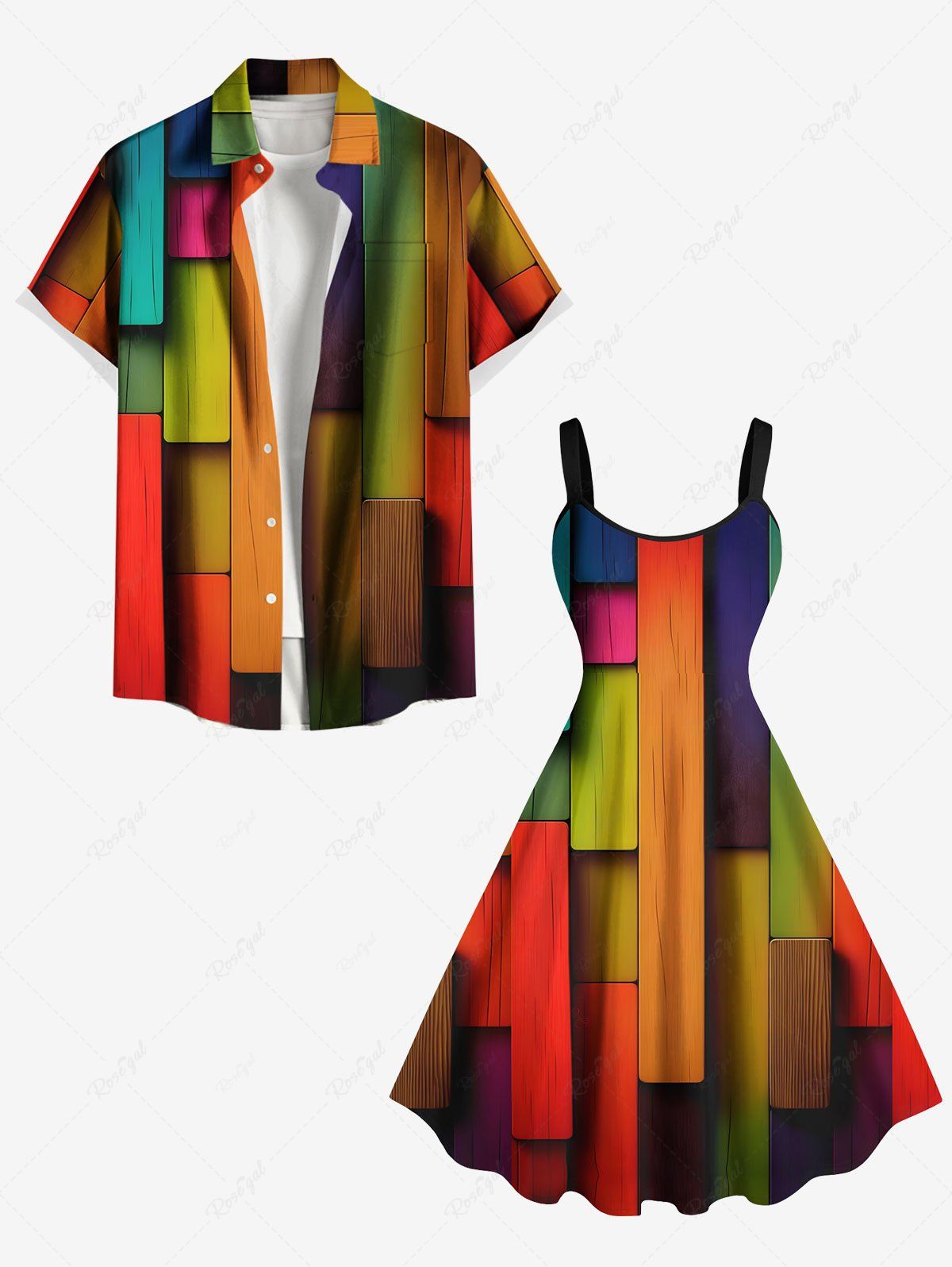 Affordable Colored Wooden Blocks Print Plus Size Matching Outfit For Couples  