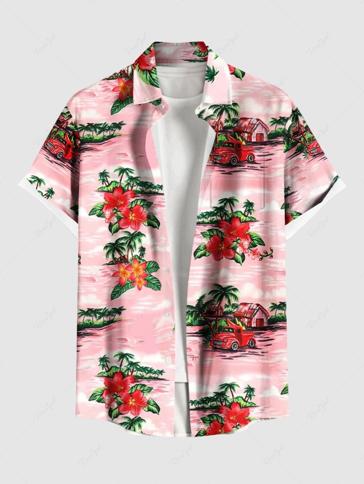 Chemise hawaïenne grande taille à imprimé cocotier, fleurs d'hibiscus et voiture, boutons et poches pour homme Rose clair 4XL