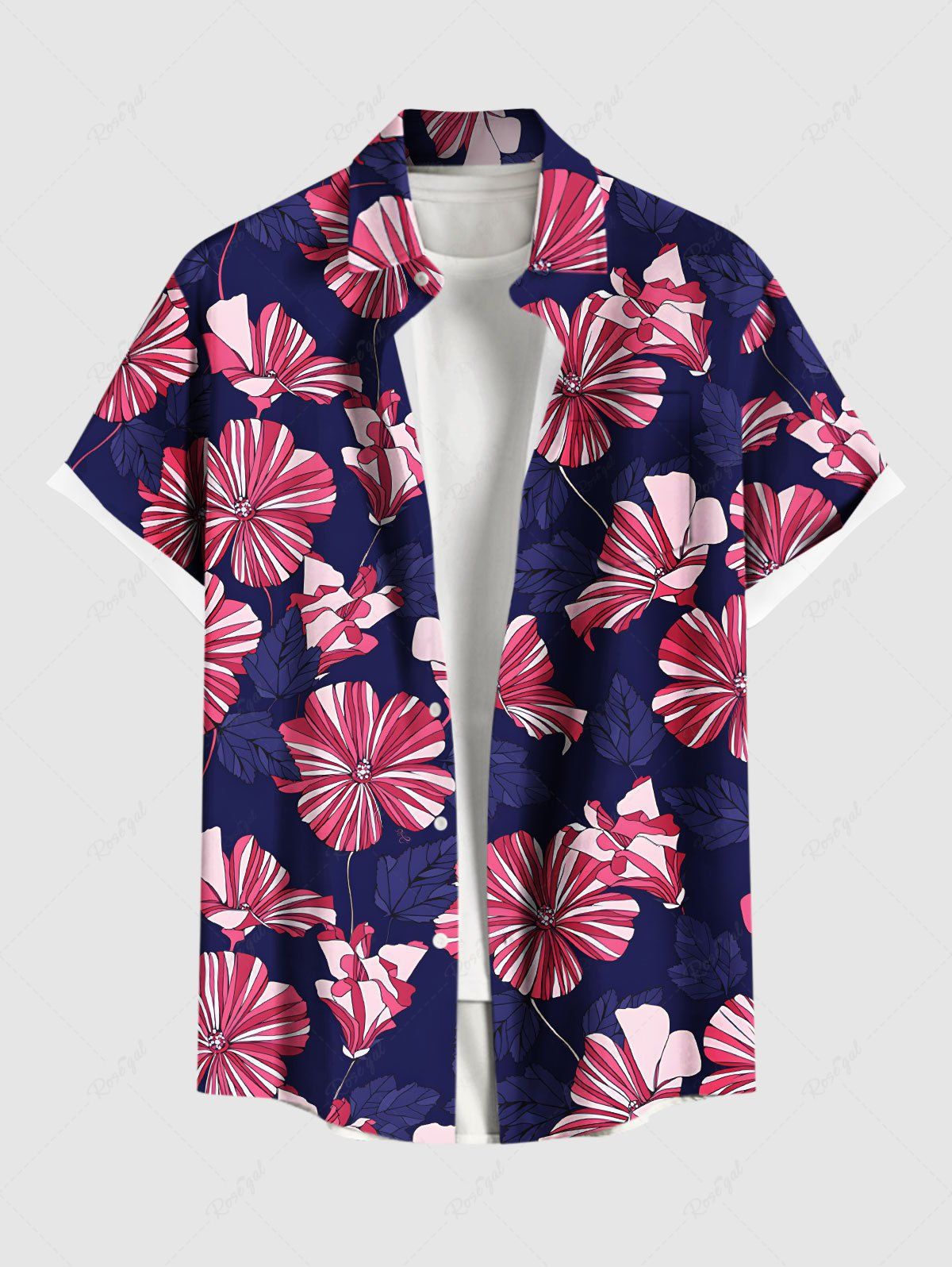 Chemise hawaïenne à rayures et imprimé floral hibiscus grande taille pour homme Bleu 2XL