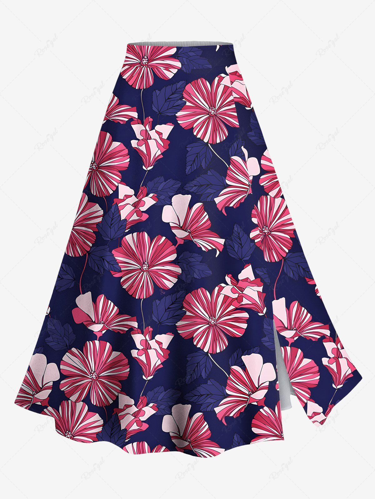 Discount Plus Size Striped Hibiscus Floral Print Hawaii Split A Line Skirt  