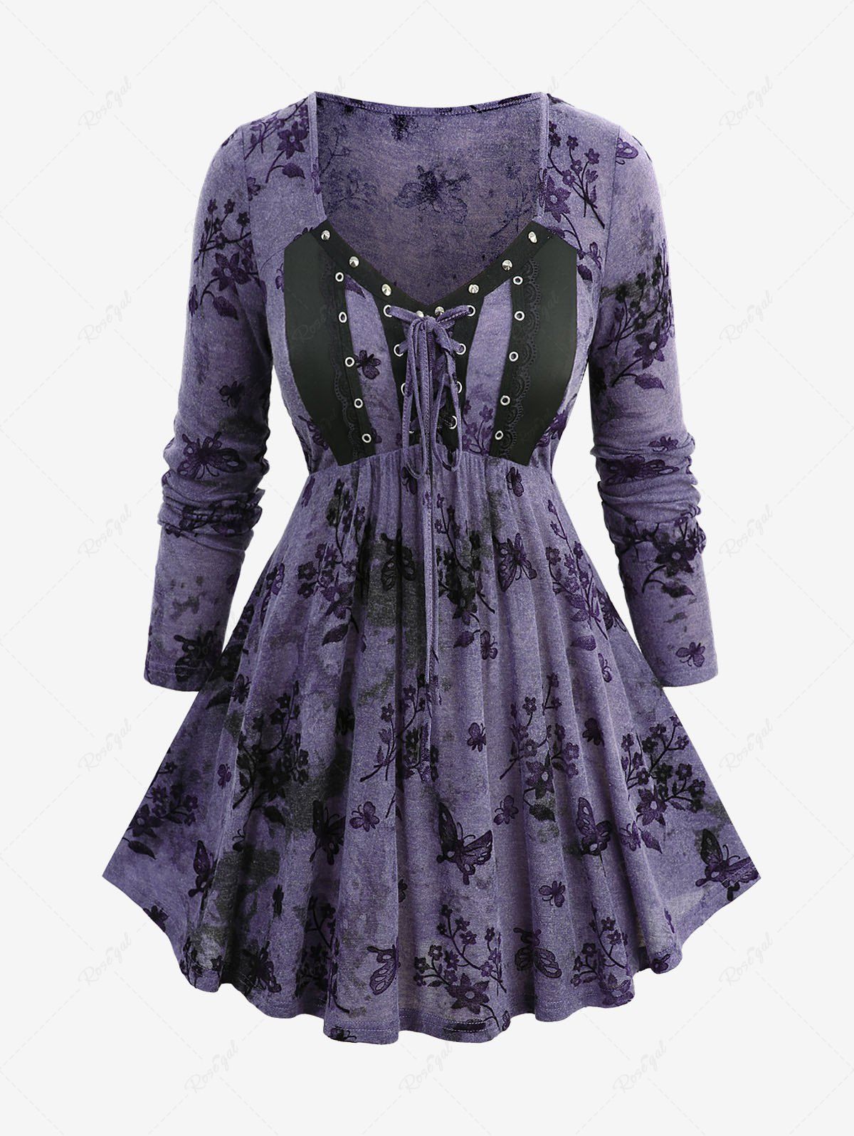Trendy Plus Size Floral Butterfly Printed Lace Up Long Sleeve Top  
