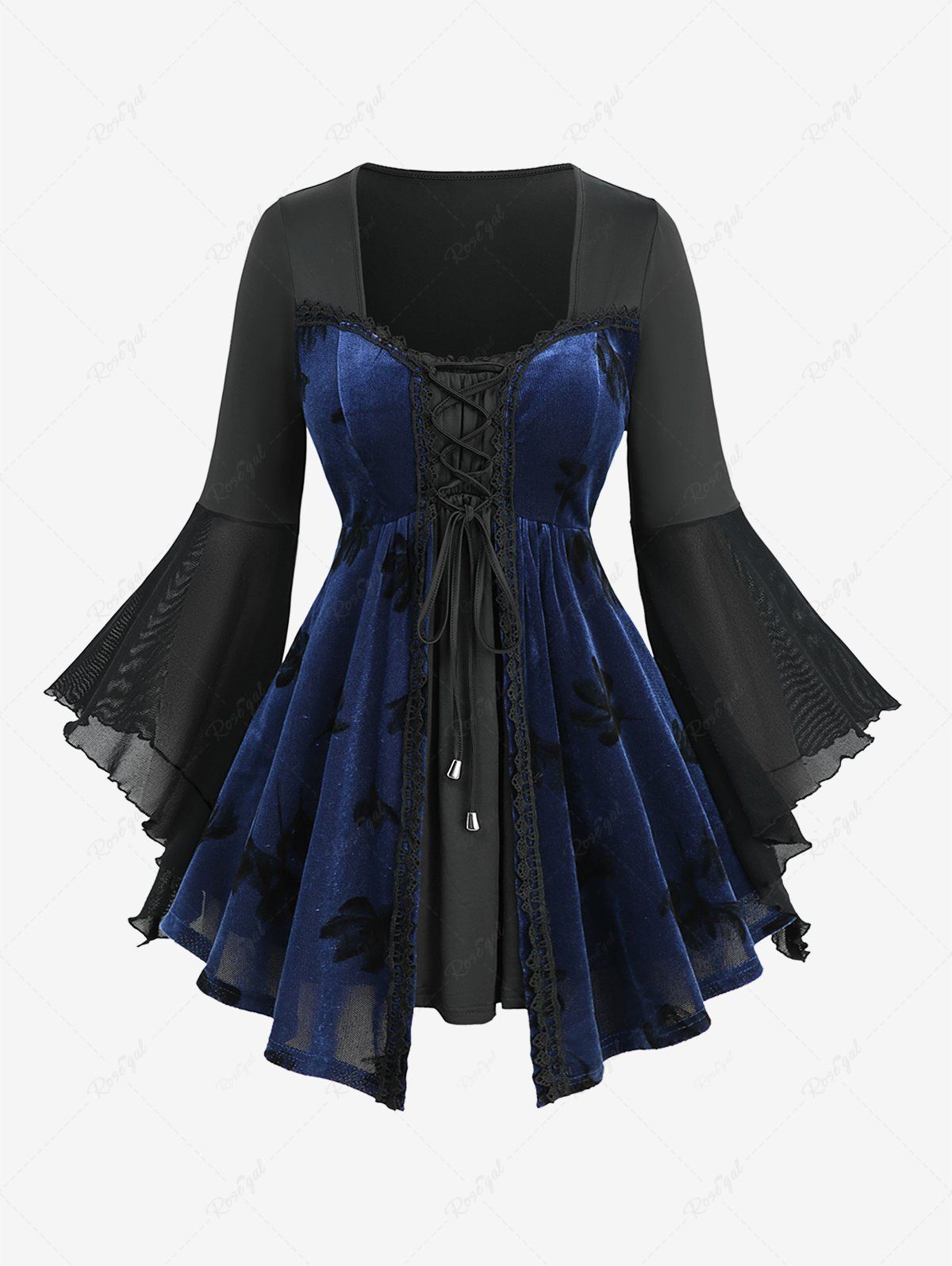 Best Plus Size Glitter Floral Embroidered Lace Up Long Sleeve Top  