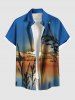 Tenue de plage hawaïenne assortie grande taille, motif coucher de soleil et crépuscule, motif plantes et mer, pour couples - Bleu 