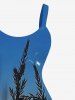 Tenue de plage hawaïenne assortie grande taille, motif coucher de soleil et crépuscule, motif plantes et mer, pour couples - Bleu 