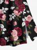 Puff Sleeves Cinched Solid Top and Rose Flower Leaf Printed Hawaii Split A Line Skirt Plus Size Matching Set -  