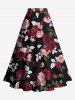 Puff Sleeves Cinched Solid Top and Rose Flower Leaf Printed Hawaii Split A Line Skirt Plus Size Matching Set -  