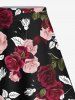 Puff Sleeves Cinched Solid Top and Rose Flower Leaf Printed Hawaii Split A Line Skirt Plus Size Matching Set -  