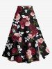 Puff Sleeves Cinched Solid Top and Rose Flower Leaf Printed Hawaii Split A Line Skirt Plus Size Matching Set -  