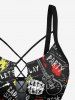 Haut tankini à lacets avec imprimé graffiti et guitare hawaïenne (bretelles réglables) - Noir 2X