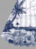 Robe trapèze vintage hawaïenne grande taille, motif cocotier peint à la main, paysage marin, plage, nuages, imprimé - Bleu profond XXS