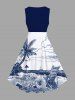 Robe trapèze vintage hawaïenne grande taille, motif cocotier peint à la main, paysage marin, plage, nuages, imprimé - Bleu profond XXS