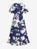 Plus Size Flowers Leaf Tropical Print Split Hawaii Midi Dress -  