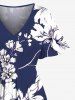 Plus Size Flowers Leaf Tropical Print Split Hawaii Midi Dress -  