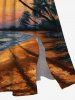 Plus Size Coconut Tree Cloud Seascape Oil Painting Print Split Hawaii Midi Dress -  