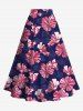 Plus Size Striped Hibiscus Floral Print Hawaii Split A Line Skirt -  