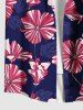 Plus Size Striped Hibiscus Floral Print Hawaii Button Pocket Shirt For Men -  