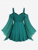 Plus Size Surplice Starfish Buckle Lettuce Cold Shoulder Sheer Mesh Flare Sleeves Top -  