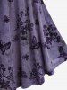 Plus Size Floral Butterfly Printed Lace Up Long Sleeve Top -  