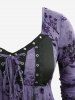 Plus Size Floral Butterfly Printed Lace Up Long Sleeve Top -  