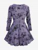 Haut à manches longues à lacets imprimé floral papillon grande taille - Pourpre  1X | US 14-16
