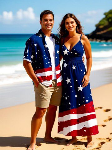 Patriotic American Flag Stars Print Plus Size Matching Outfit For Couples - DEEP BLUE