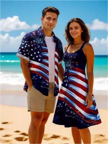 Patriotic American Flag Fireworks Print Plus Size Matching Outfit For Couples - BLUE