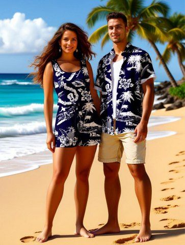 Matching Hawaii Shirt and Romper Plus Size Beach Outfit Coconut Tree Sea Hibiscus Floral Pineapple Print For Couples - BLACK