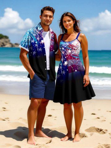 Ombre Patriotic American Flag Fireworks Print Plus Size Matching Outfit For Couples - BLACK